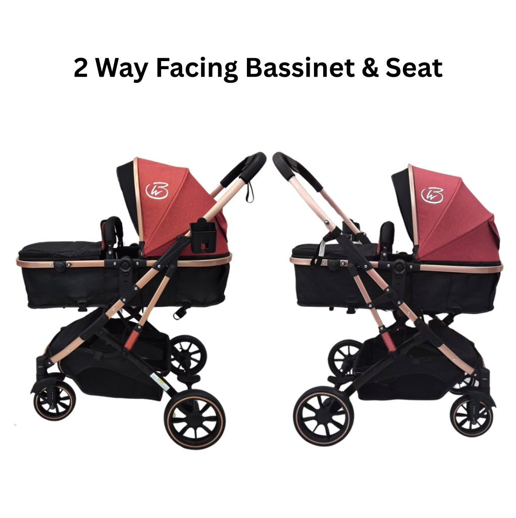 Gold Series 3-in-1 Travel System – Stroller + Bassinet + Capsule and Food Tray - Red/Gold