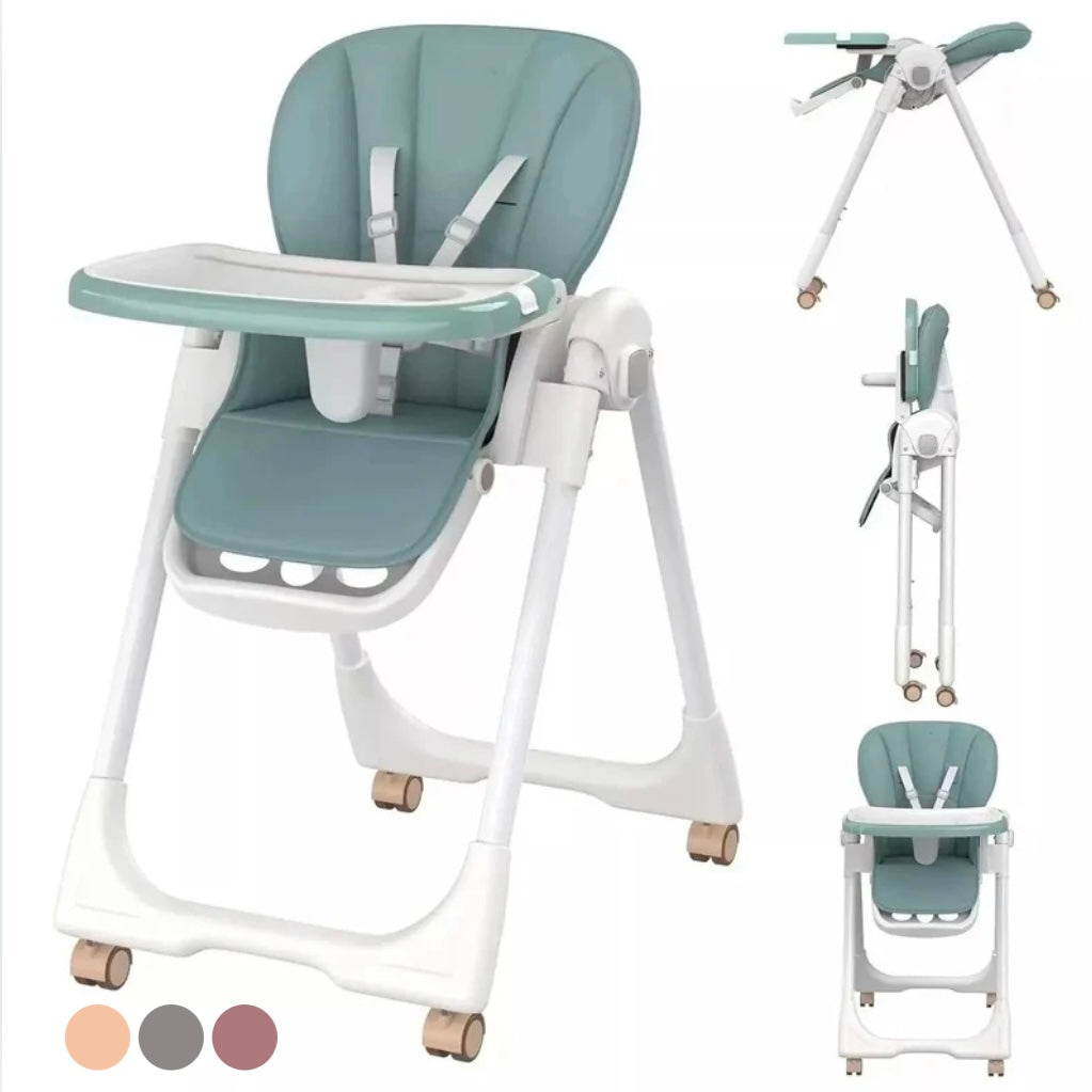 Elevate Adjustable and Folding High Chair with Locking Wheels & Storage Basket - BEIGE
