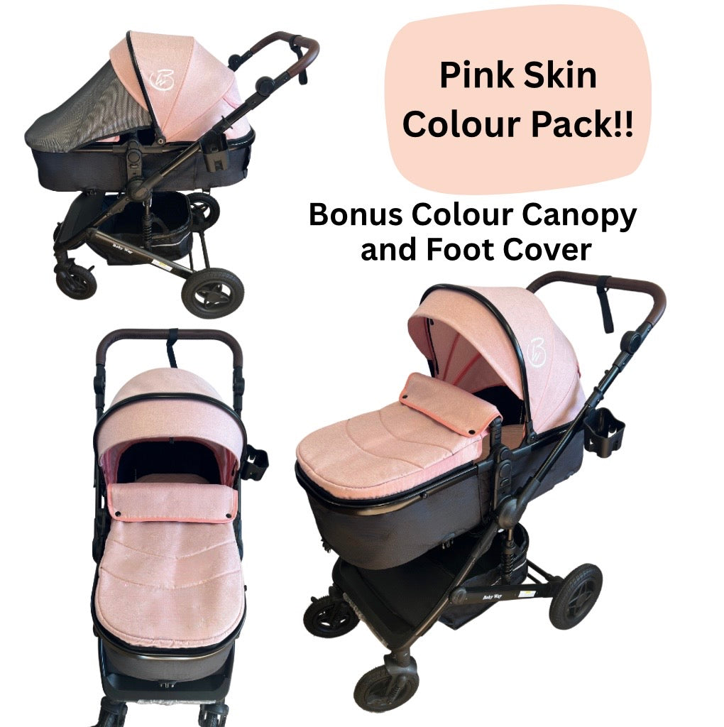 Preorder - Evolve - 3 in 1 Stroller + Bassinet + i-Size Capsule Car Seat Travel System with Mattress, Food Tray + Pink Skin