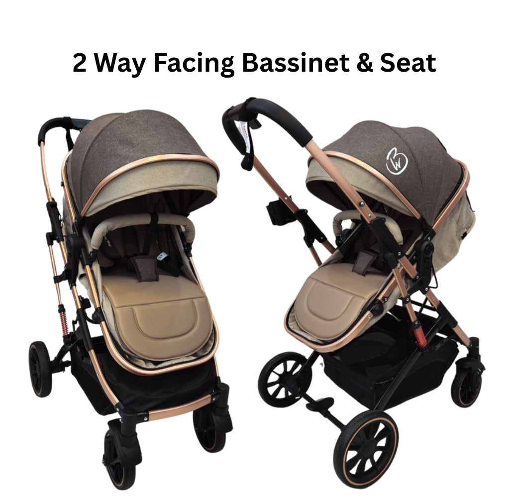 Gold Series 3 in 1 Travel System - Stroller + Bassinet + Capsule with Food Tray - Beige/Gold