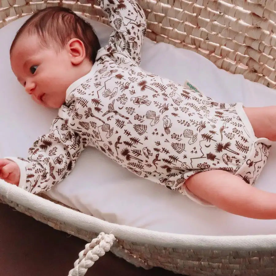 Woolbabe Long Sleeve Bodysuit - Natural Bark Wilderness - Babyonline