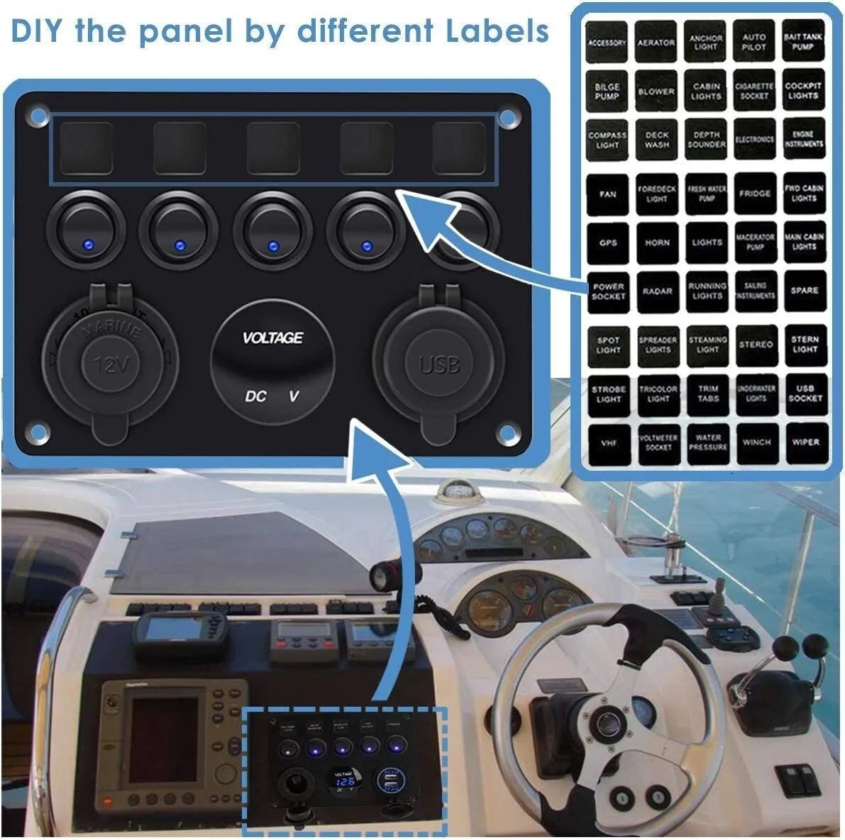 5-Gang Multi-Functional Rocker Switch Panel With Dual USB Charger