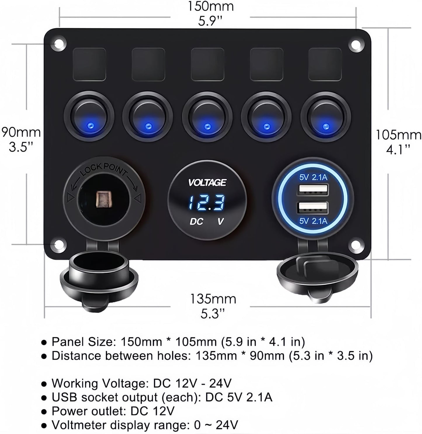 5-Gang Multi-Functional Rocker Switch Panel With Dual USB Charger
