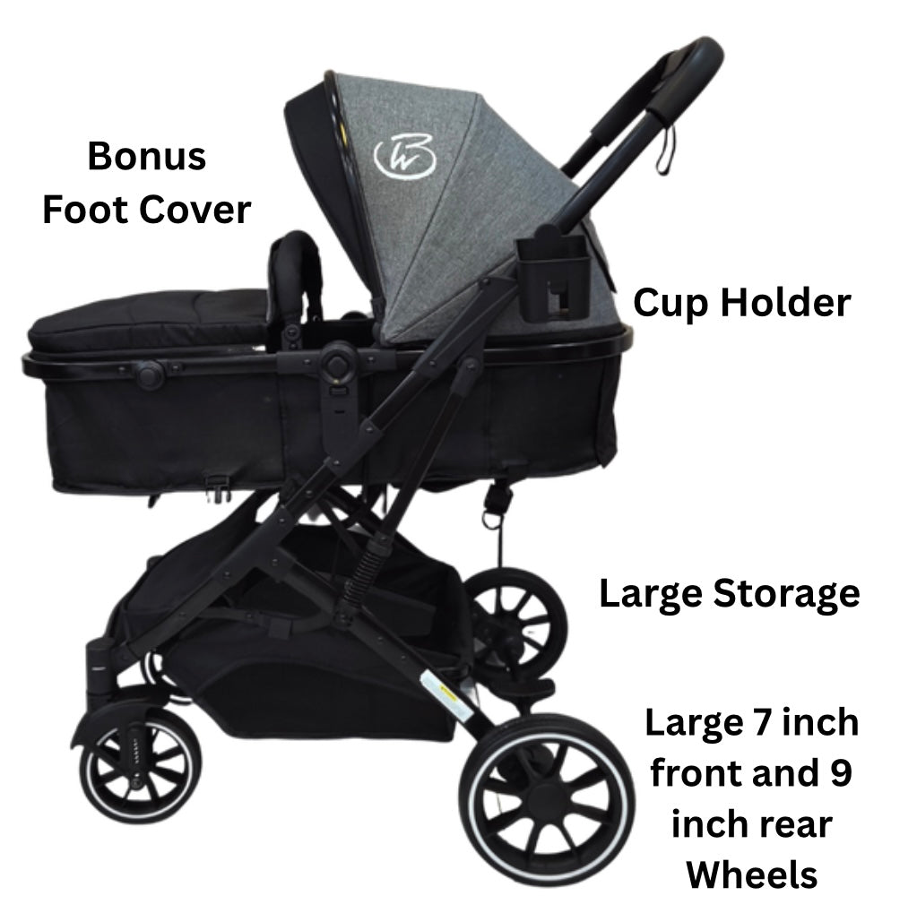 Gold Series 3-in-1 Travel System - Bassinet + Stroller + Capsule with Food Tray - Grey/Black