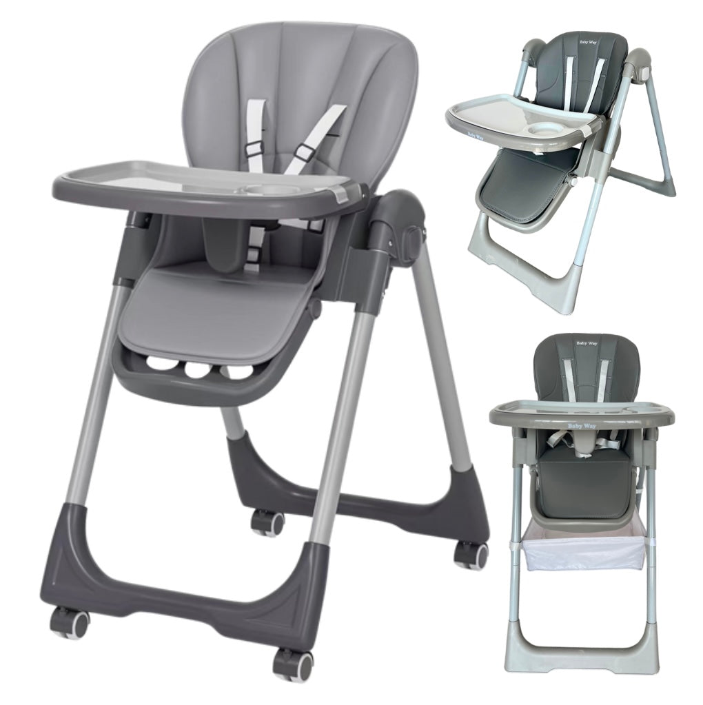 Elevate Adjustable and Folding High Chair with Locking Wheels and Storage Basket - GREY