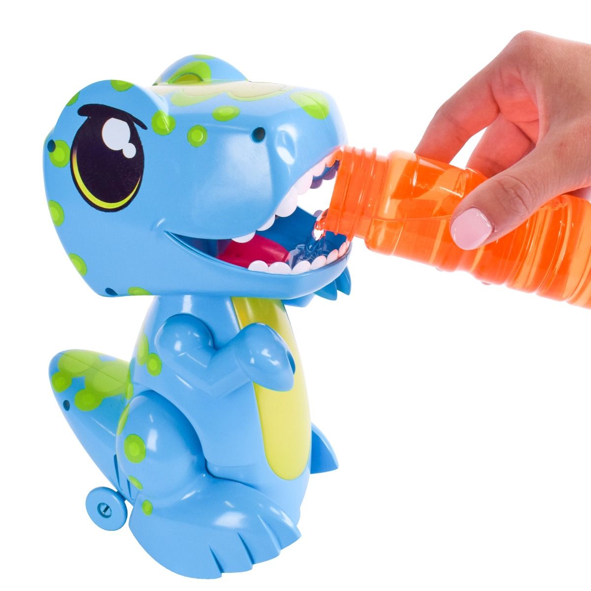 Toy dinosaur with blue and green colors on a white background