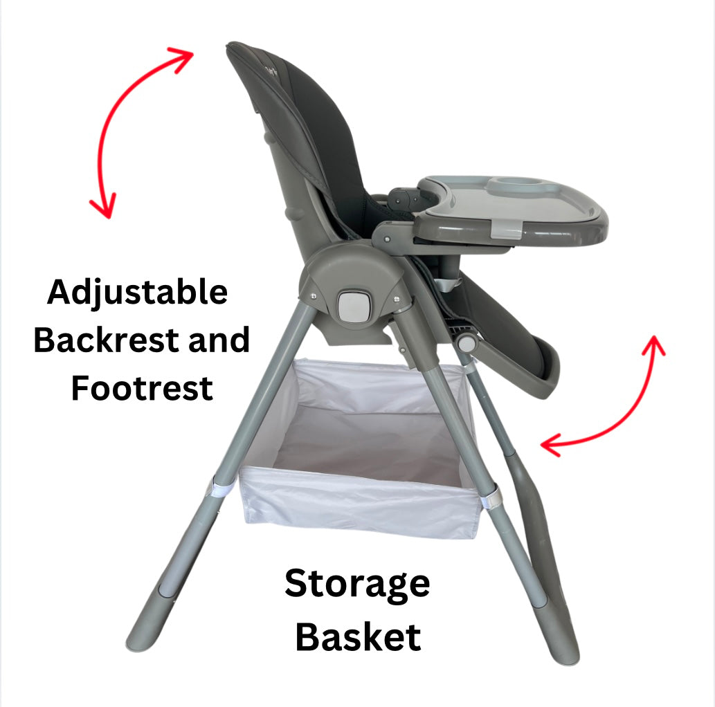 Elevate Adjustable and Folding High Chair with Locking Wheels and Storage Basket - GREY