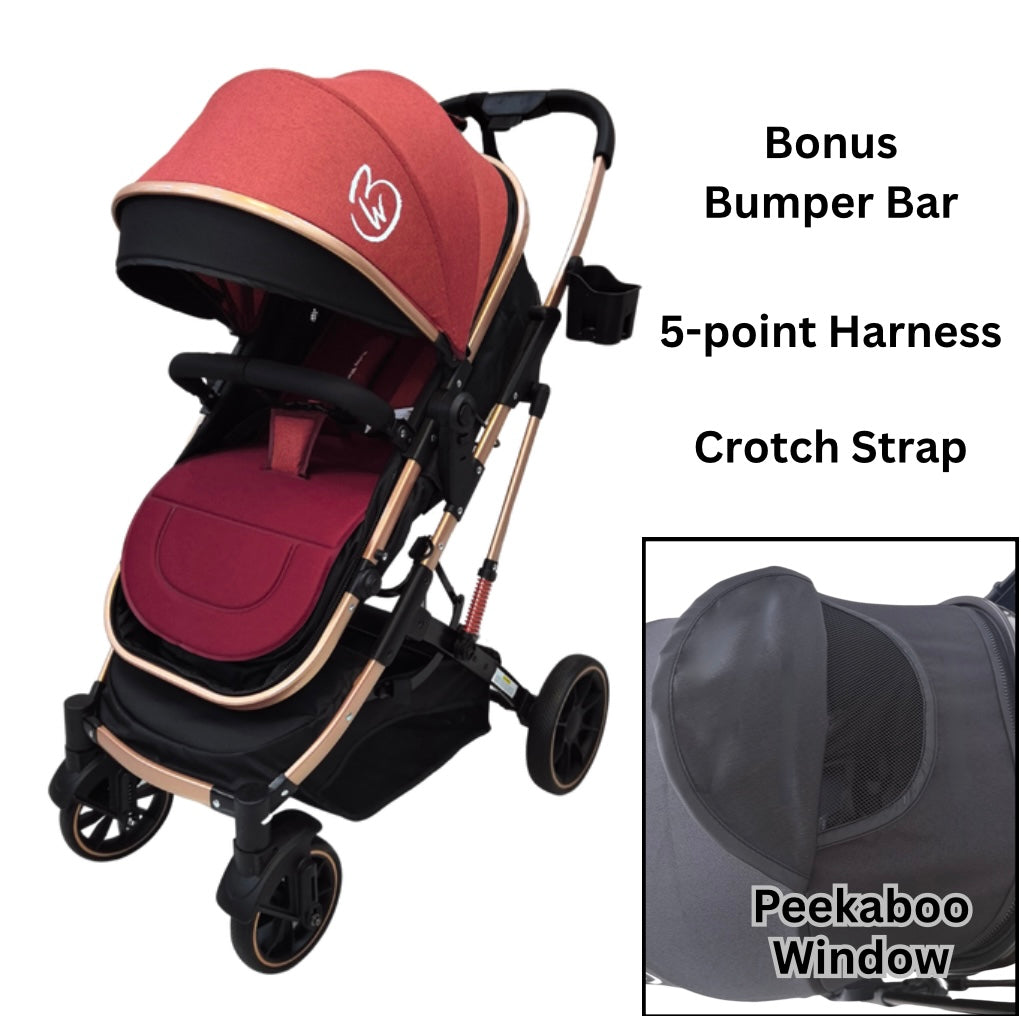 Gold Series 3-in-1 Travel System – Stroller + Bassinet + Capsule and Food Tray - Red/Gold