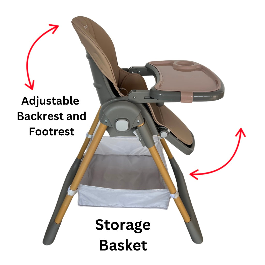 Elevate Adjustable and Folding High Chair with Locking Wheels and Storage Basket - BROWN