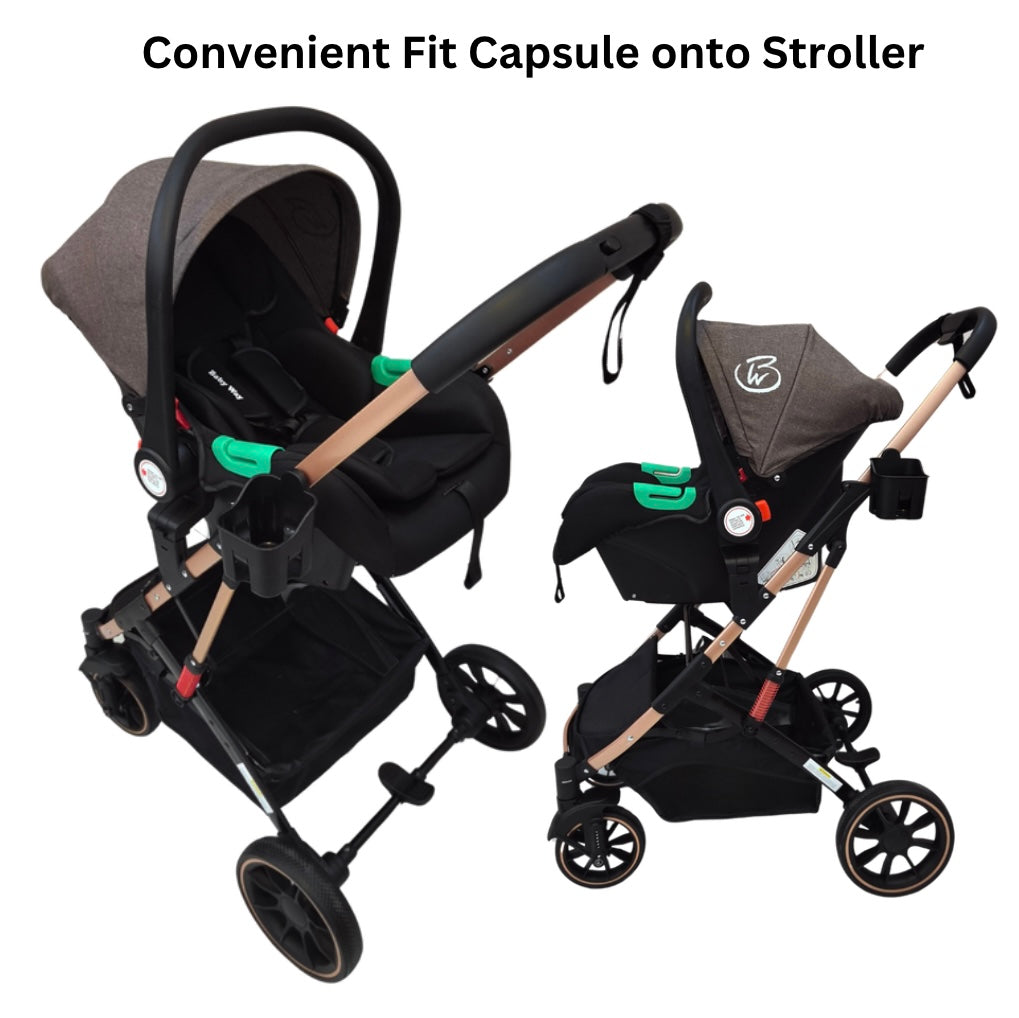 Gold Series 3 in 1 Travel System - Stroller + Bassinet + Capsule with Food Tray - Beige/Gold