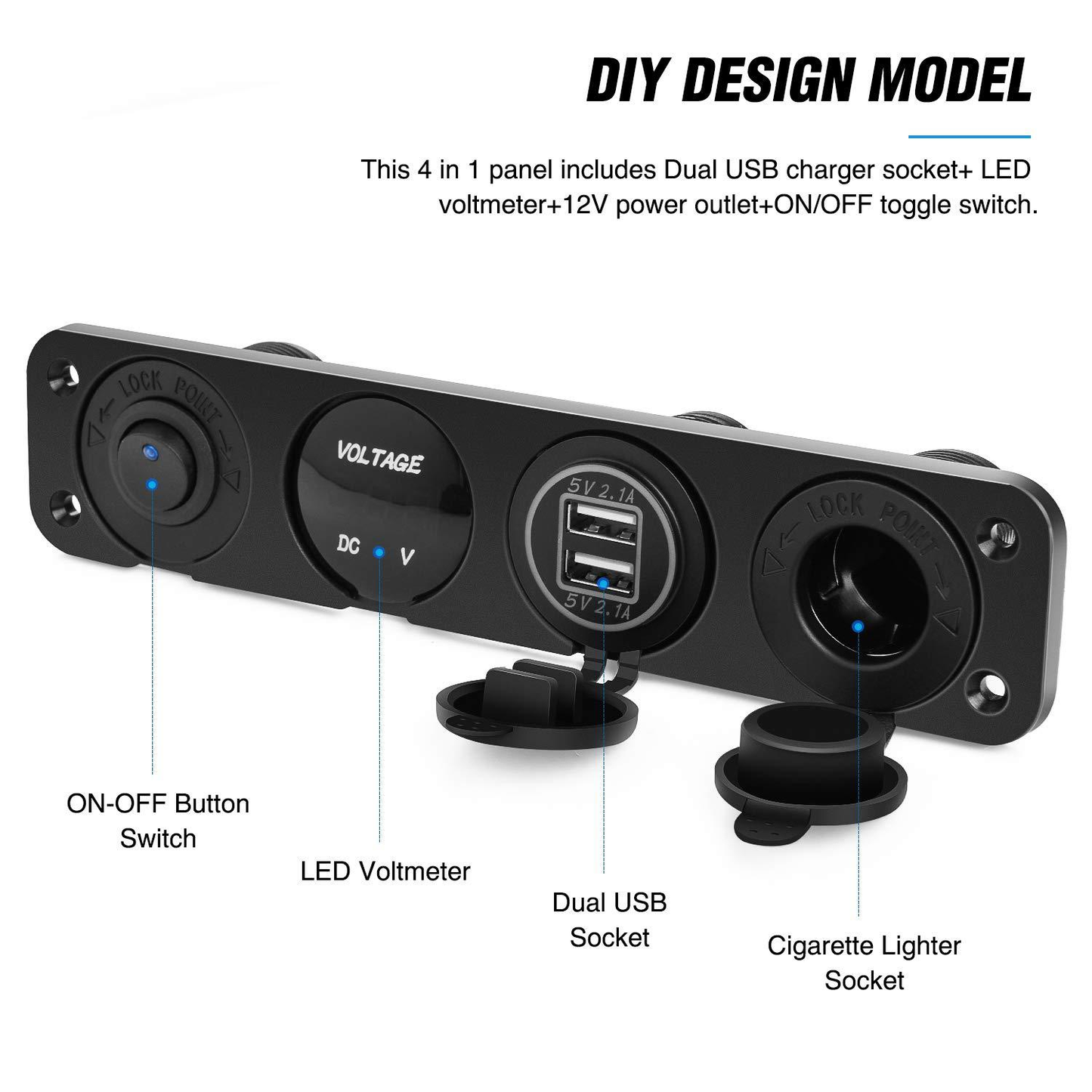 4 in 1 Charger Outlet Socket Panel QC Dua 12V USB Power Outlet Car Switch