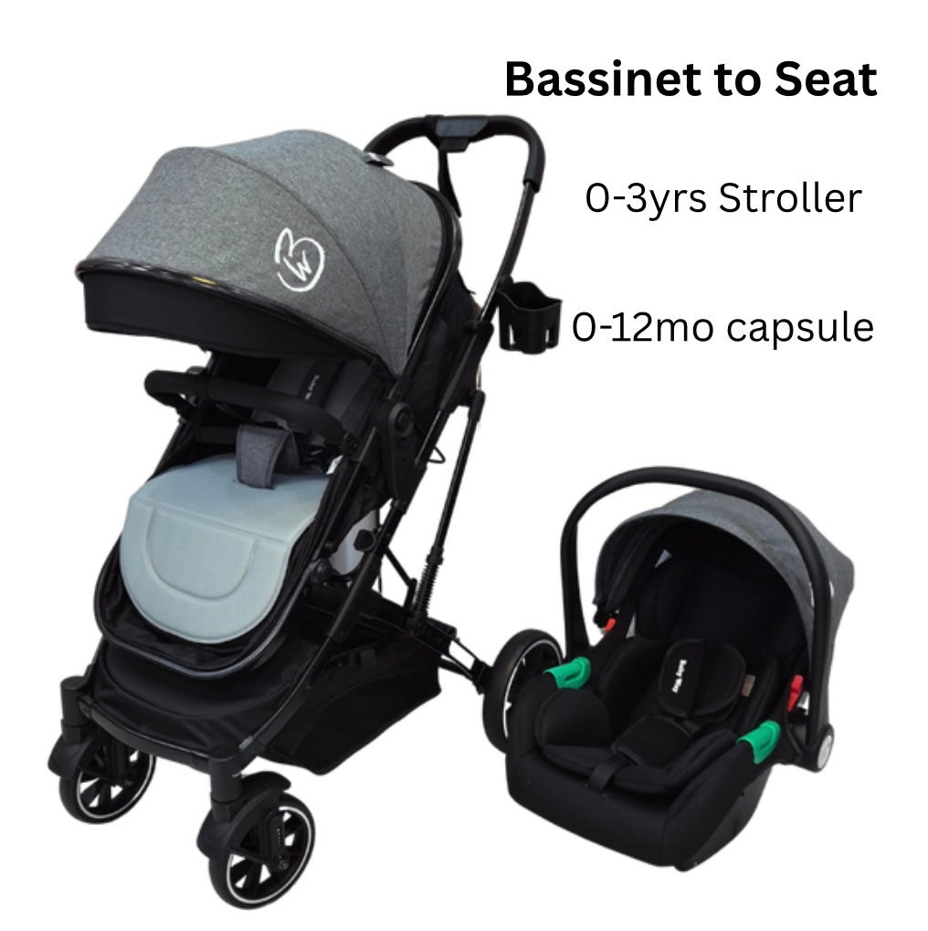 Gold Series 3-in-1 Travel System - Bassinet + Stroller + Capsule with Food Tray - Grey/Black