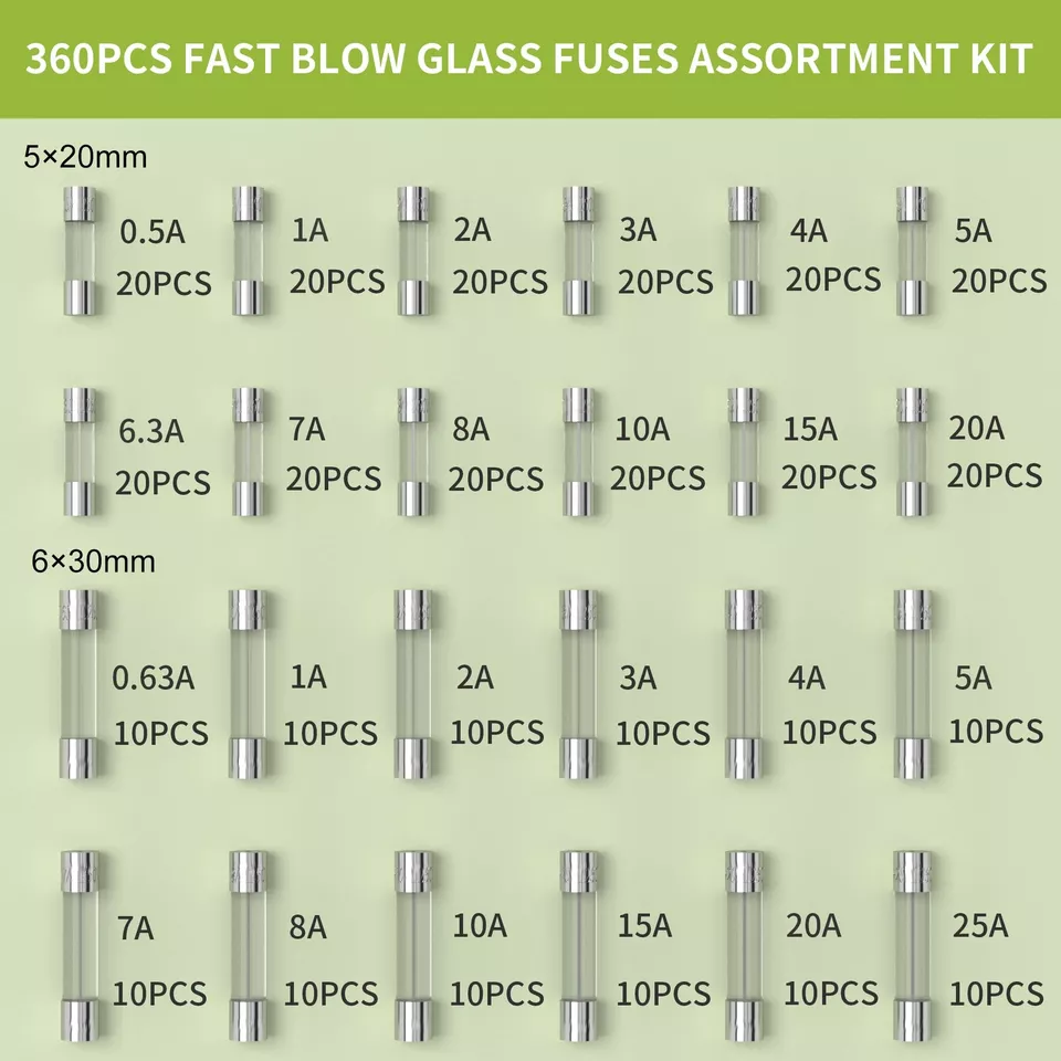 360Pcs Fast Blow Glass Fuses Assortment Kit Auto Fuses Assortment Tool