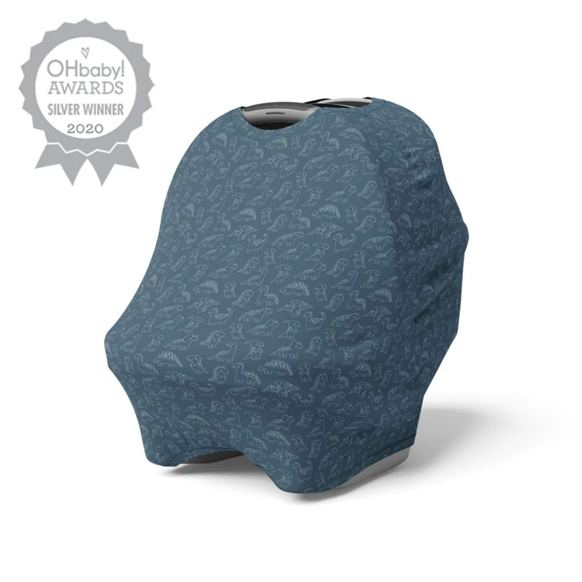A blue with dinosaurs, 5 in 1 capsule cover that is great for covering baby whilst on the go.