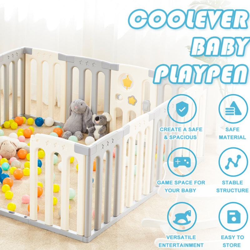 Coolever Baby Playpen Baby Fence 16+2 Panels (Grey & White Stars)