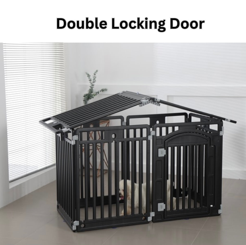 2 in 1 Pet House and
Adjustable Playpen with Roof Feature and Locking Door – BLACK
