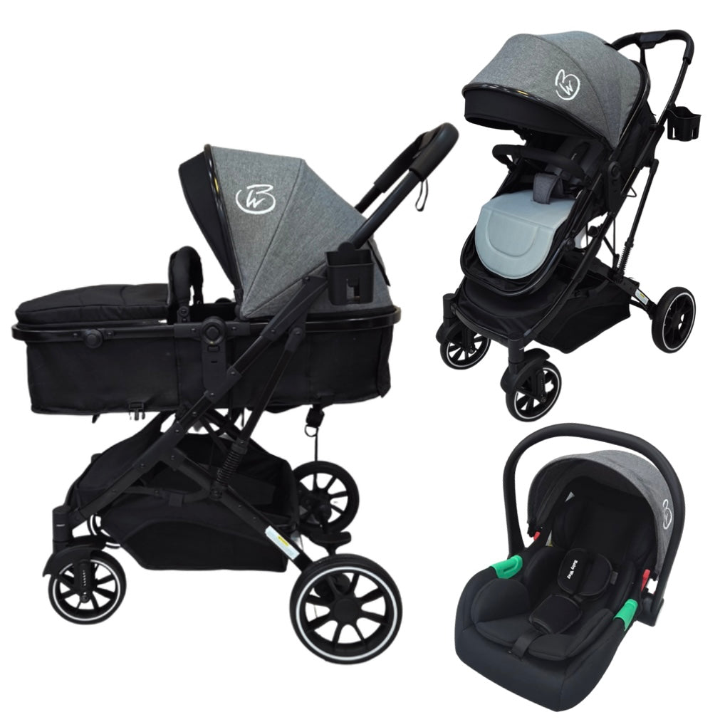 Gold Series 3-in-1 Travel System - Bassinet + Stroller + Capsule with Food Tray - Grey/Black