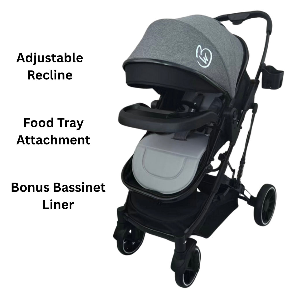 Gold Series 3-in-1 Travel System - Bassinet + Stroller + Capsule with Food Tray - Grey/Black