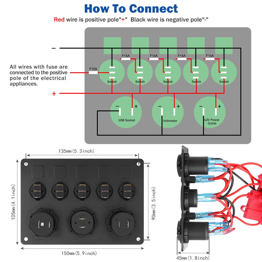 5 Gang ON-OFF Toggle Switch Control Panel 2 USB Charger 12V for Car