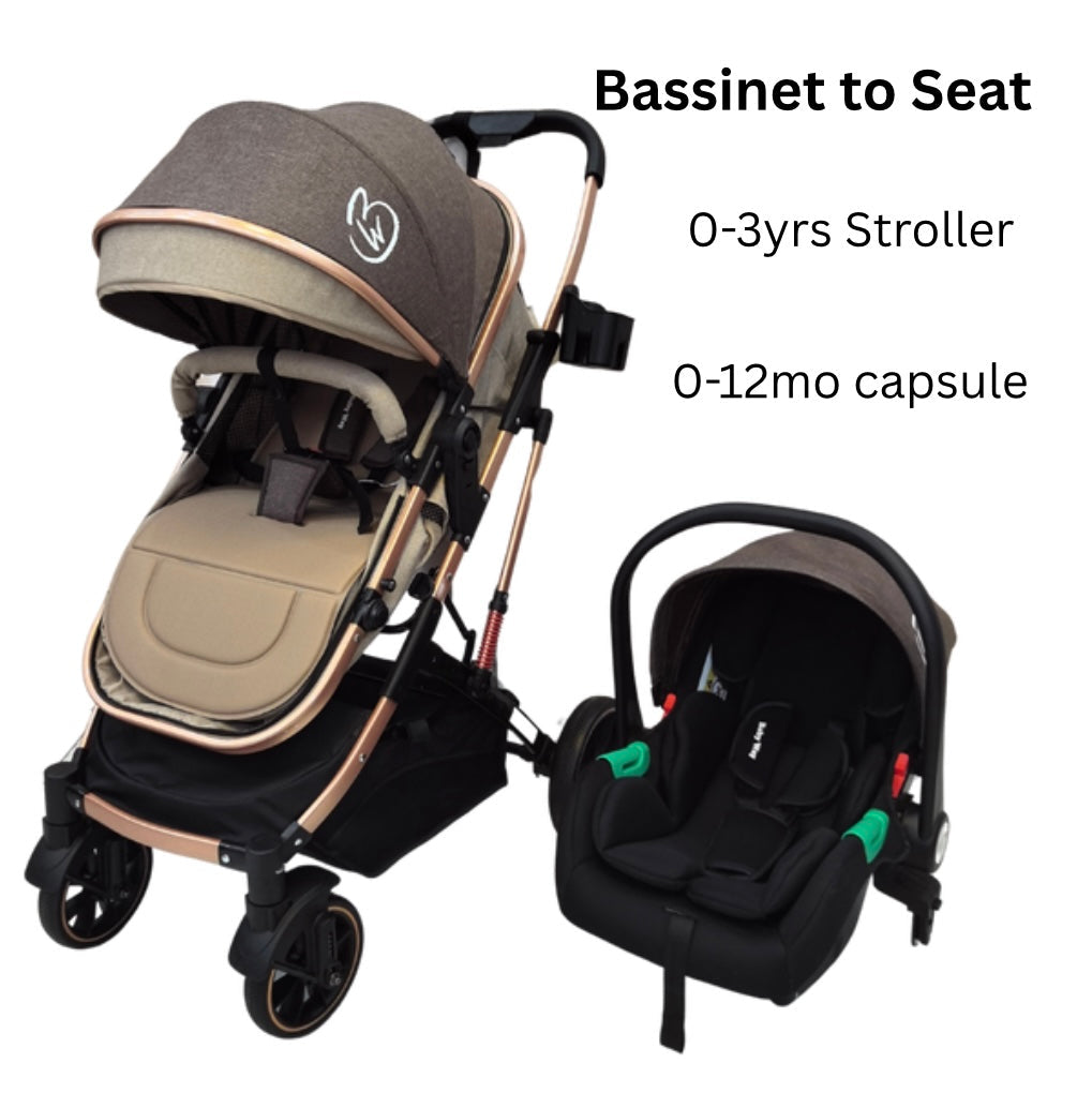 Gold Series 3 in 1 Travel System - Stroller + Bassinet + Capsule with Food Tray - Beige/Gold