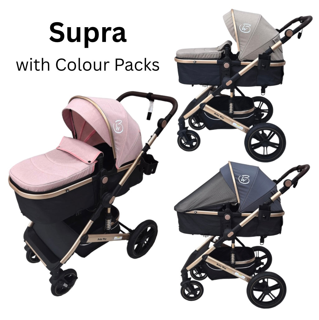 Preorder - Supra Gold 3-in-1 Travel System – Stroller Buggy + Bassinet + Capsule Car Seat and Mattress, Food Tray - Black Gold