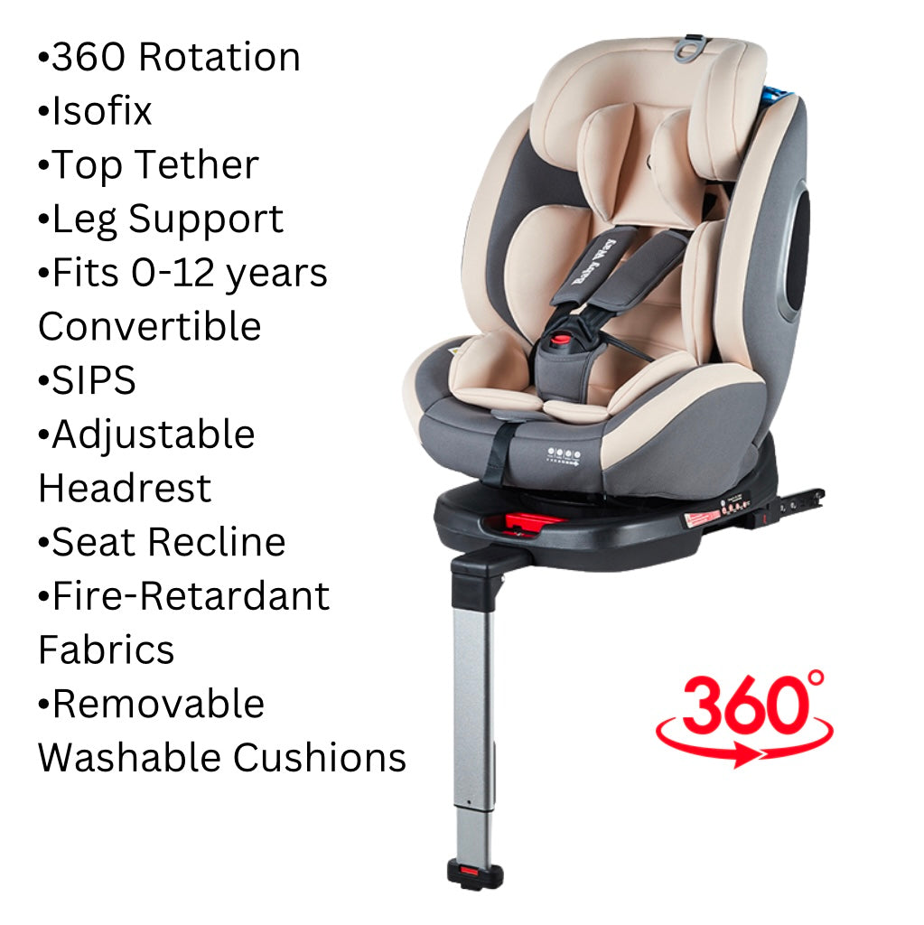 SafeHalo 360 Rotating and Convertible Car Seat with ISOFIX for All Ages - KHAKI