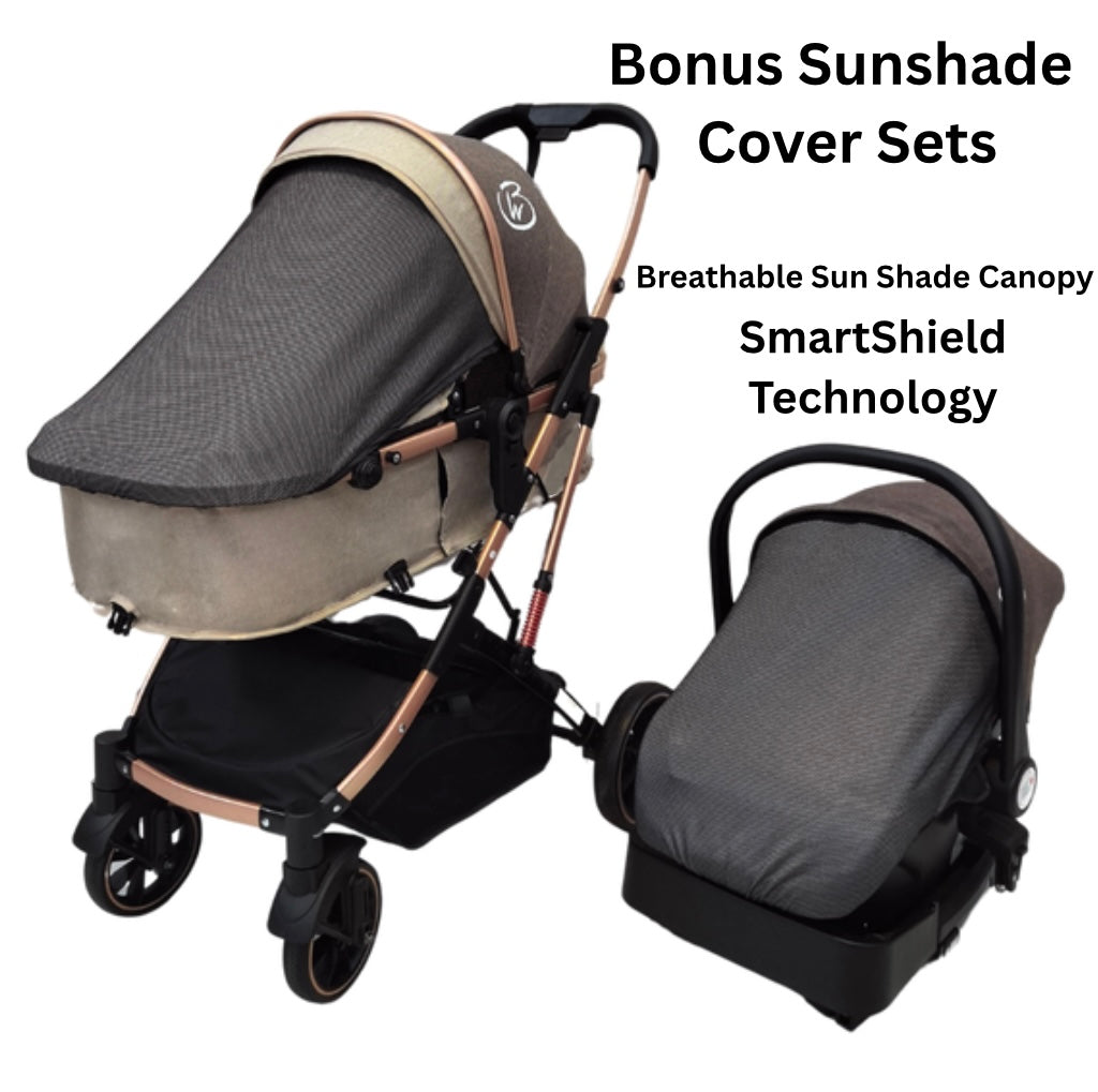 Gold Series 3 in 1 Travel System - Stroller + Bassinet + Capsule with Food Tray - Beige/Gold