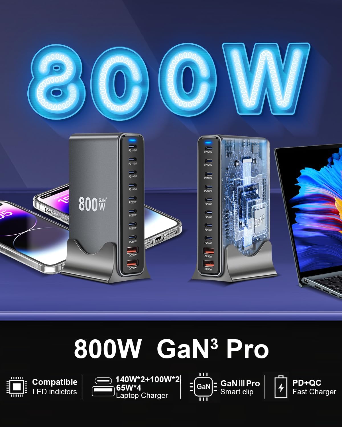 800W GaN PD USB Type C Fast Charger Charging Station For Laptop, Mobile, MacBook