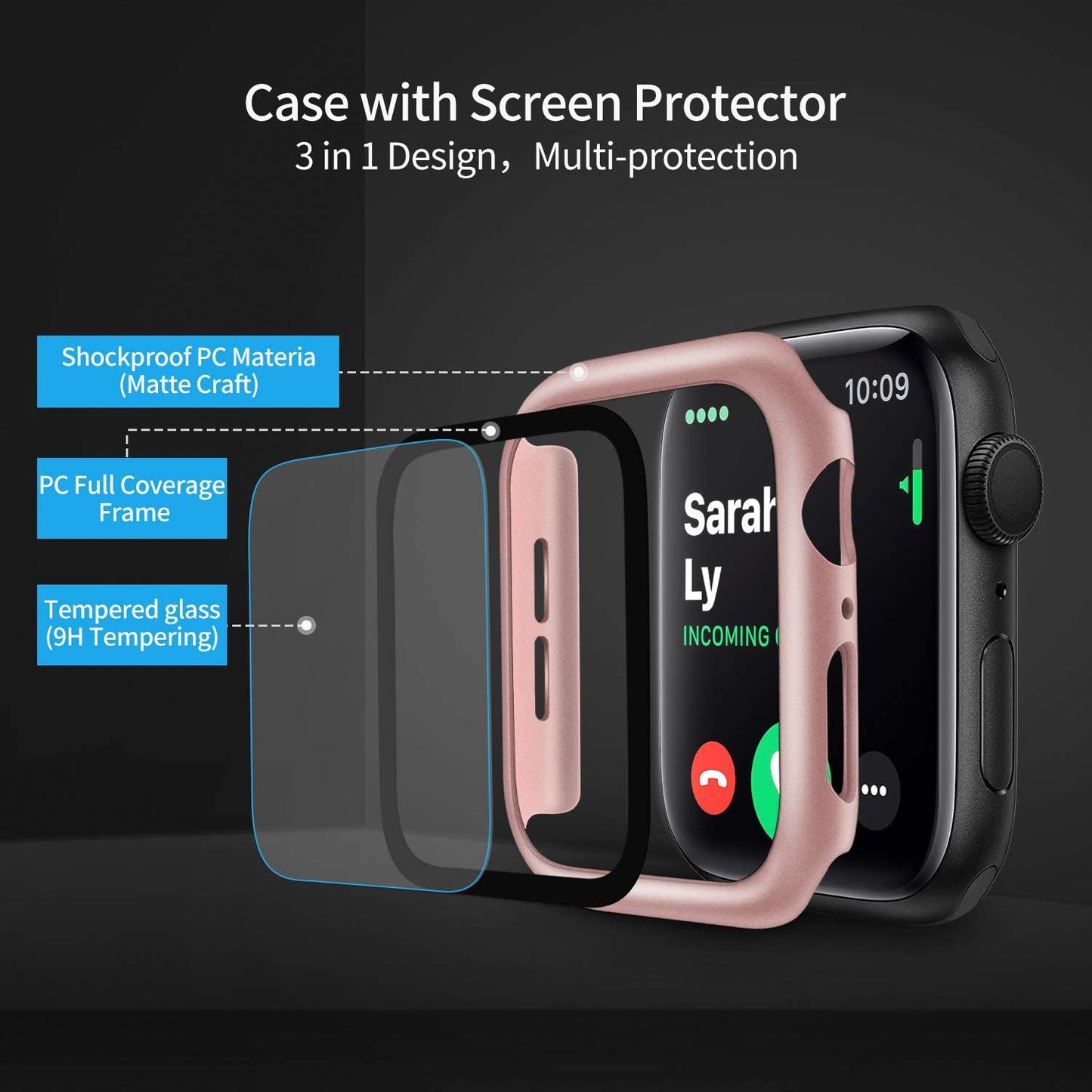 For Apple Watch 38mm Case+Tempered Glass Screen Protector Series 3 2 1