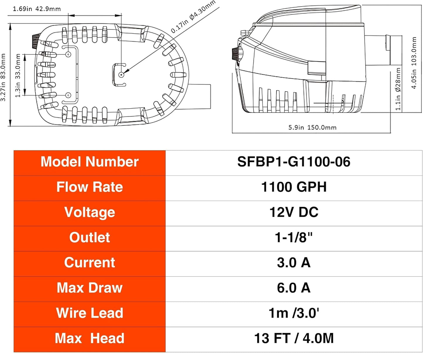 12V 1100GPH Seaflo Automatic Submersible Bilge Pump