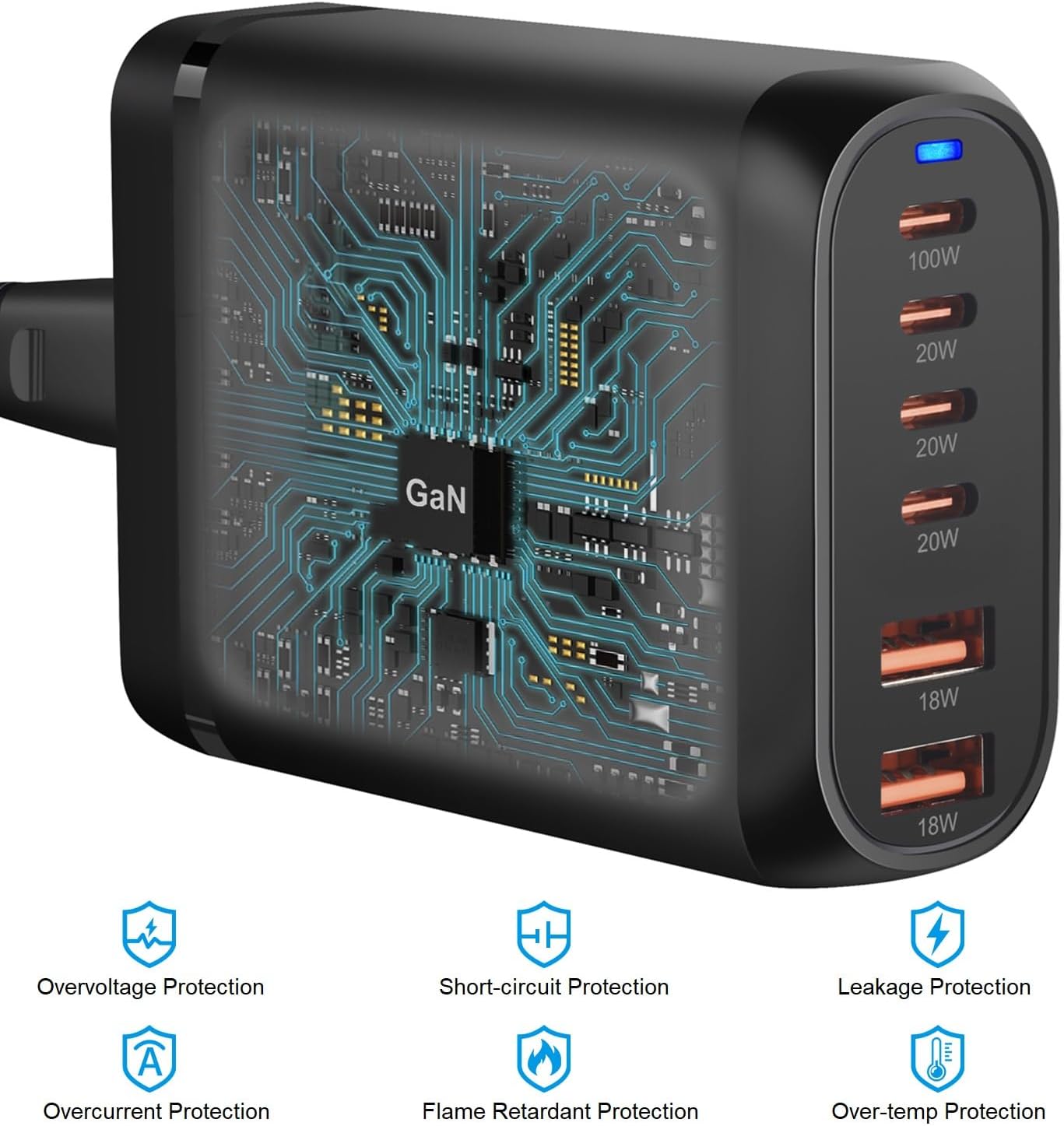 200W USB Type C Charger, 6 Ports Fast Charging Station, GaN III PD QC Desktop Charger