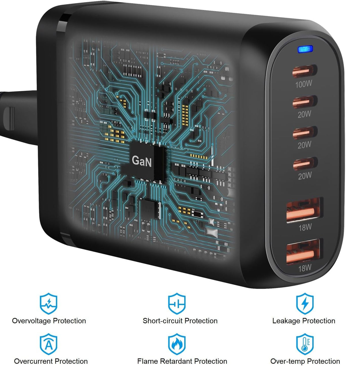 200W USB Type C Charger, 6 Ports Fast Charging Station, GaN III PD QC Desktop Charger