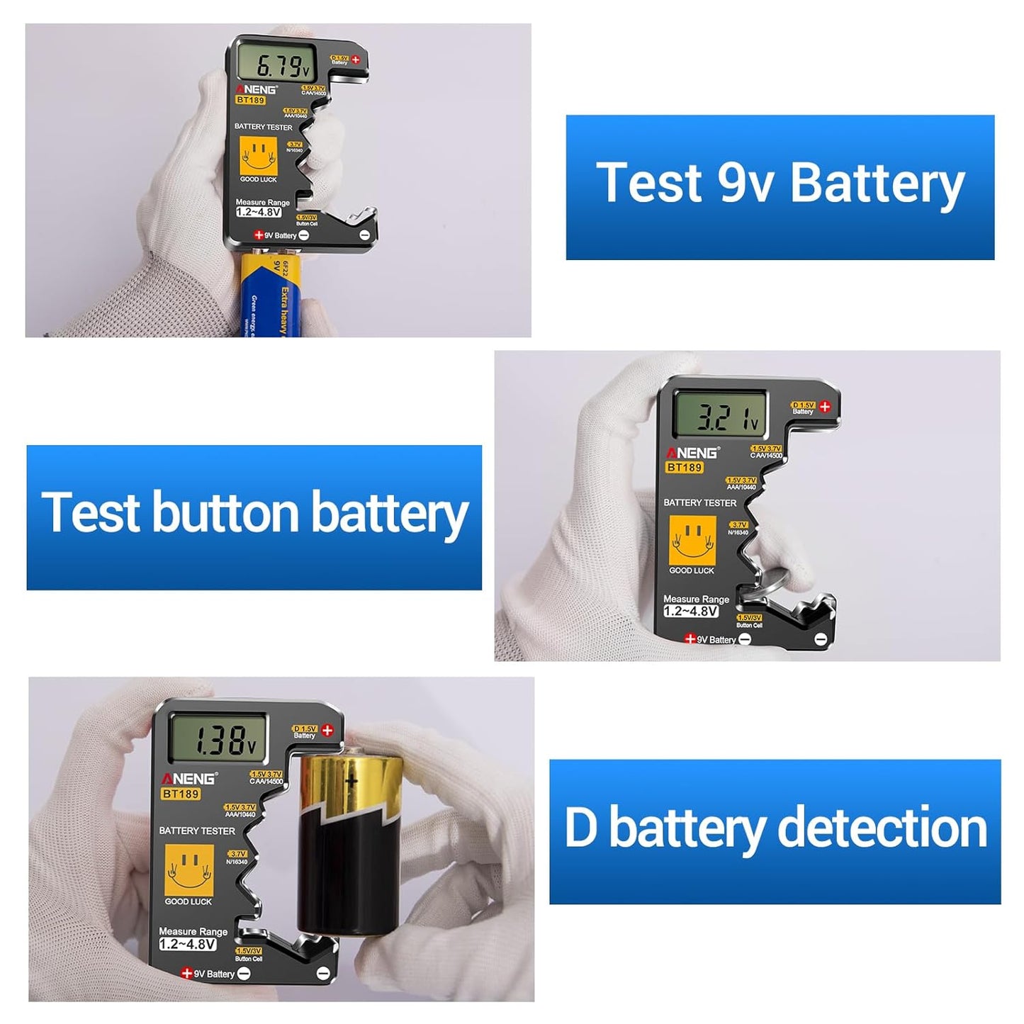 Battery Tester for AAA AA C D 9V F 6F22 1.5V/3V Button Batteries Detector LCD Display