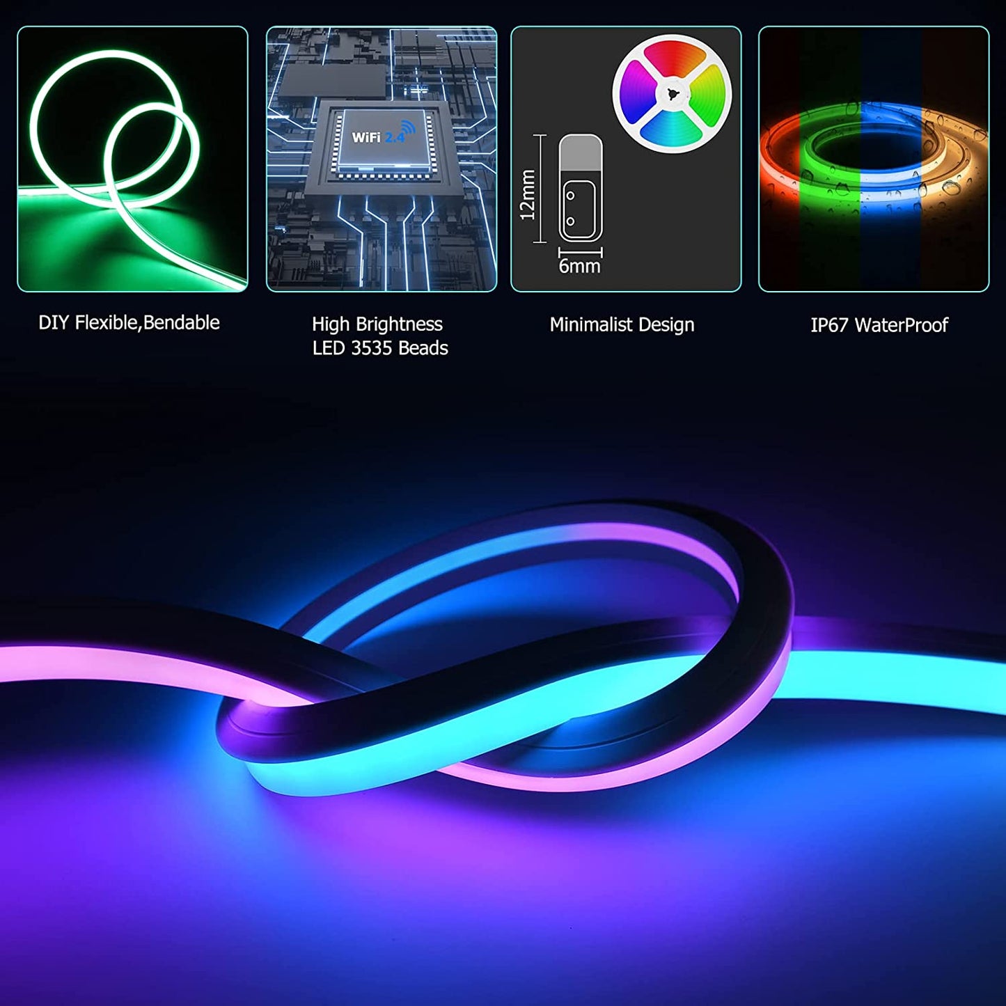 24V Dynamic Bluetooth Neon Rope Lights 5M Waterproof RGBIC Rope Lights with Music Sync