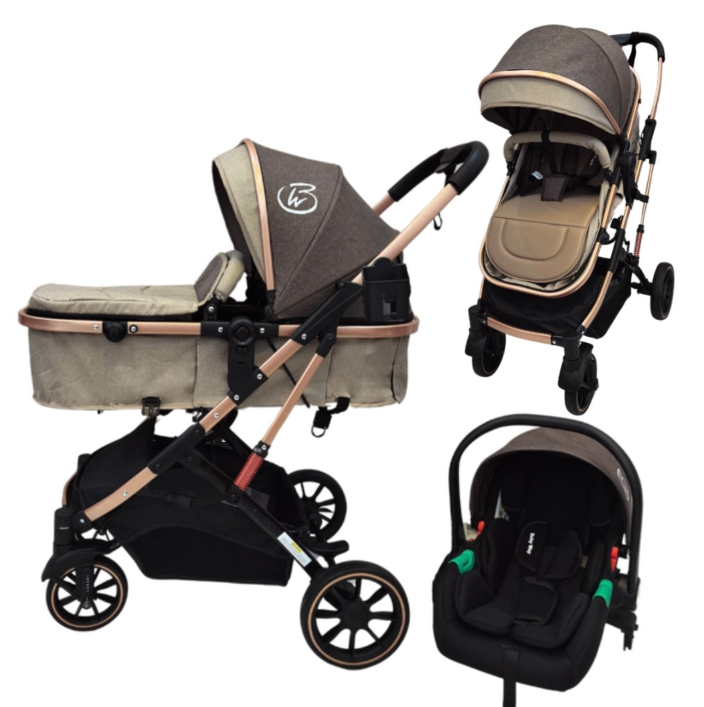 Gold Series 3 in 1 Travel System - Stroller + Bassinet + Capsule with Food Tray - Beige/Gold