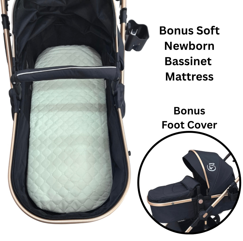 Preorder - Supra 3-in-1 Travel System – Stroller + Bassinet + Capsule Car Seat and Mattress - Black Gold + Colour Options