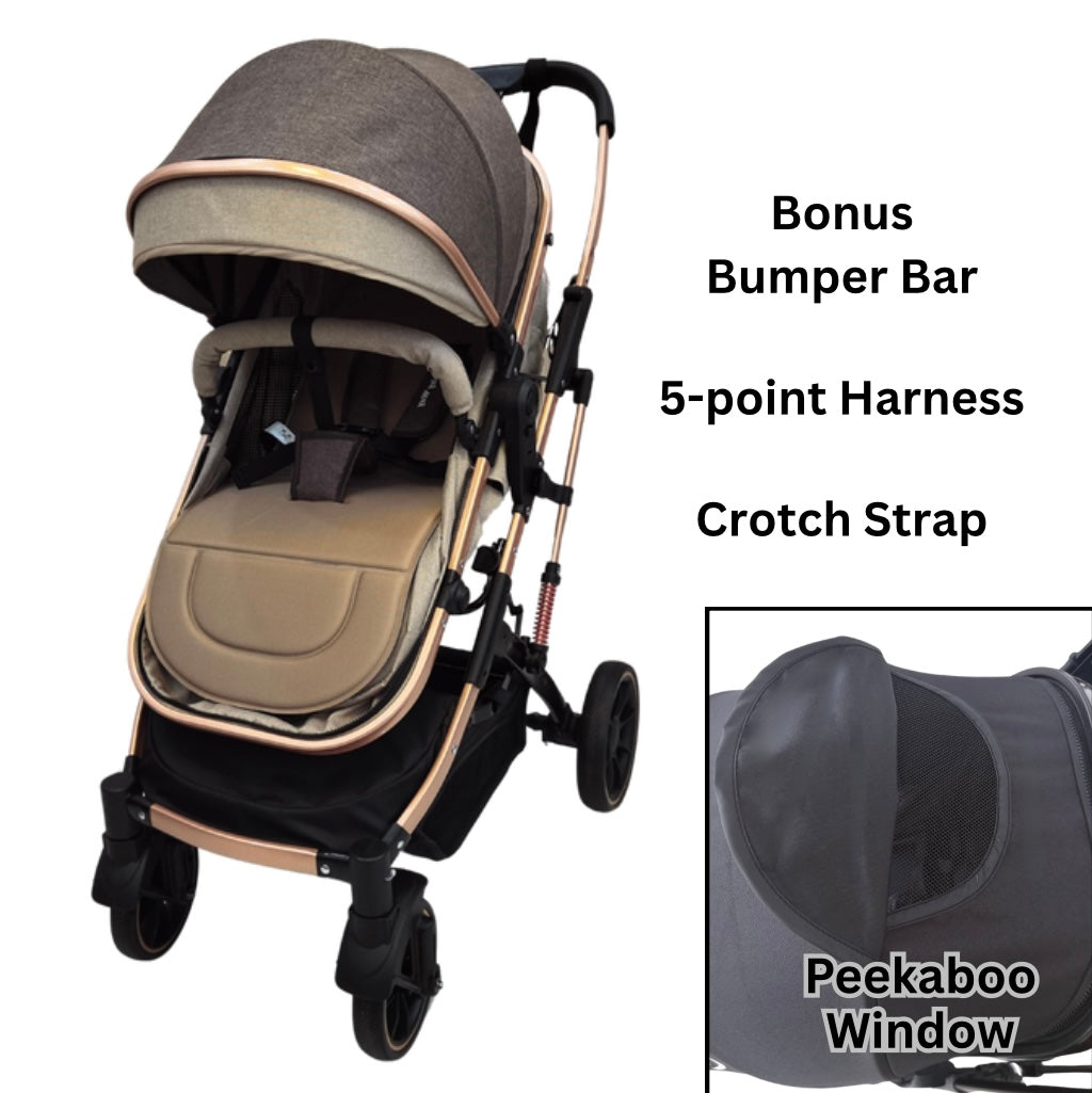Gold Series 3 in 1 Travel System - Stroller + Bassinet + Capsule with Food Tray - Beige/Gold
