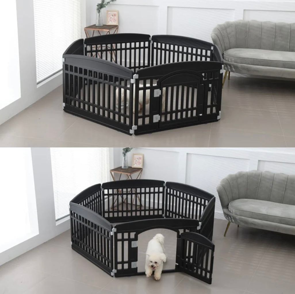 2 in 1 Pet House and Adjustable Play Pen – 6 Panels with Lockable Door & Roof