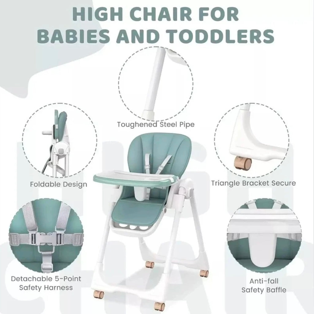 Elevate Adjustable and Folding High Chair with Locking Wheels and Storage Basket - BROWN