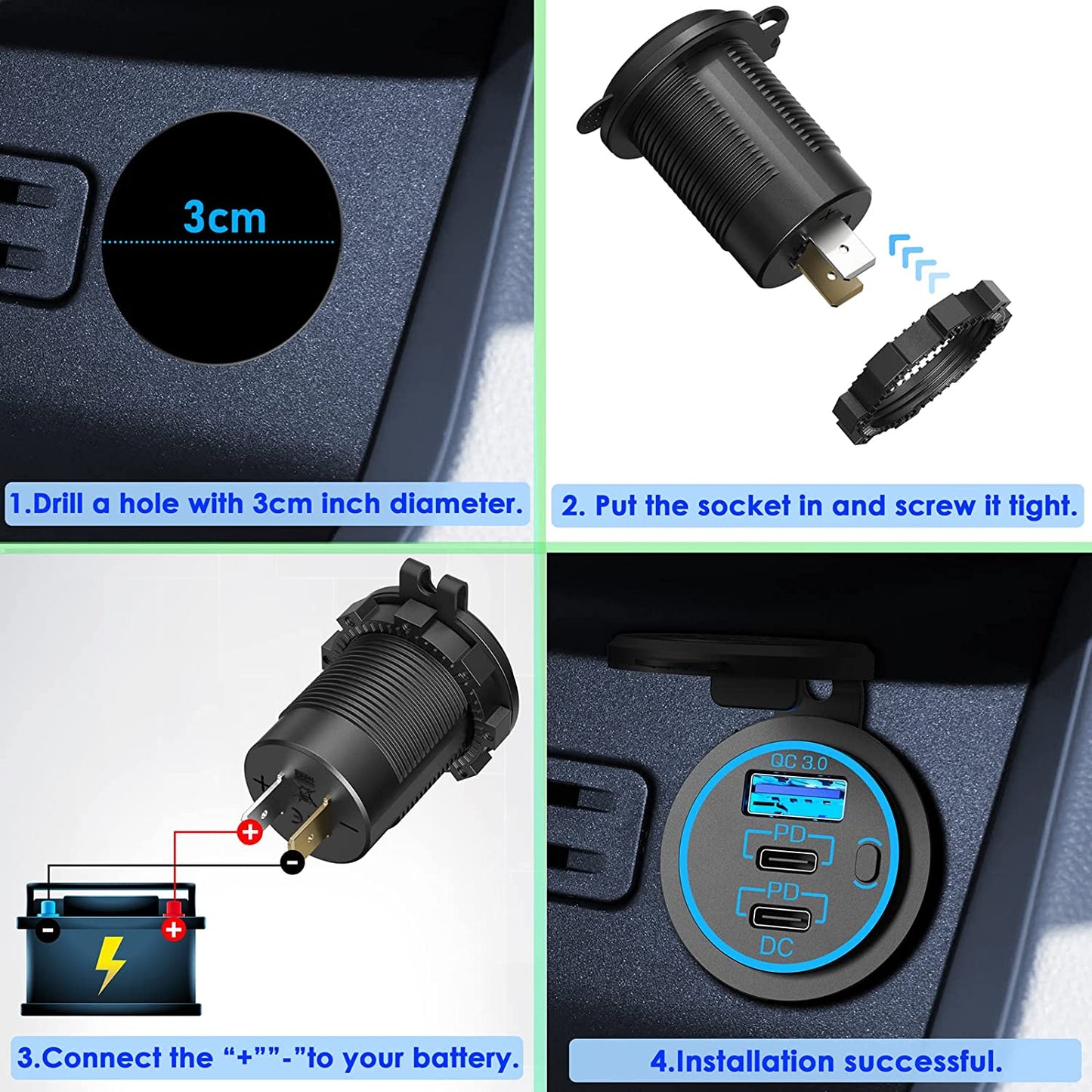 12V USB Outlet Type C Car Charger Socket Fast Charging