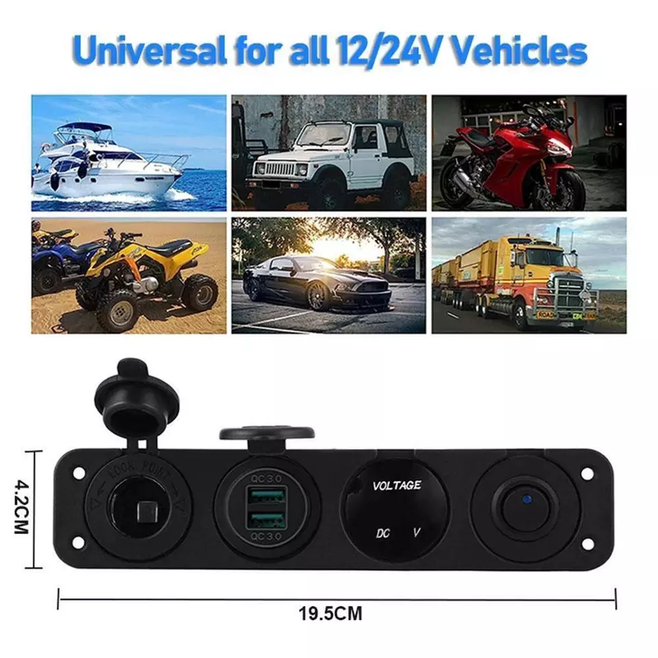 4 in 1 Charger Outlet Socket Panel QC Dua 12V USB Power Outlet Car Switch