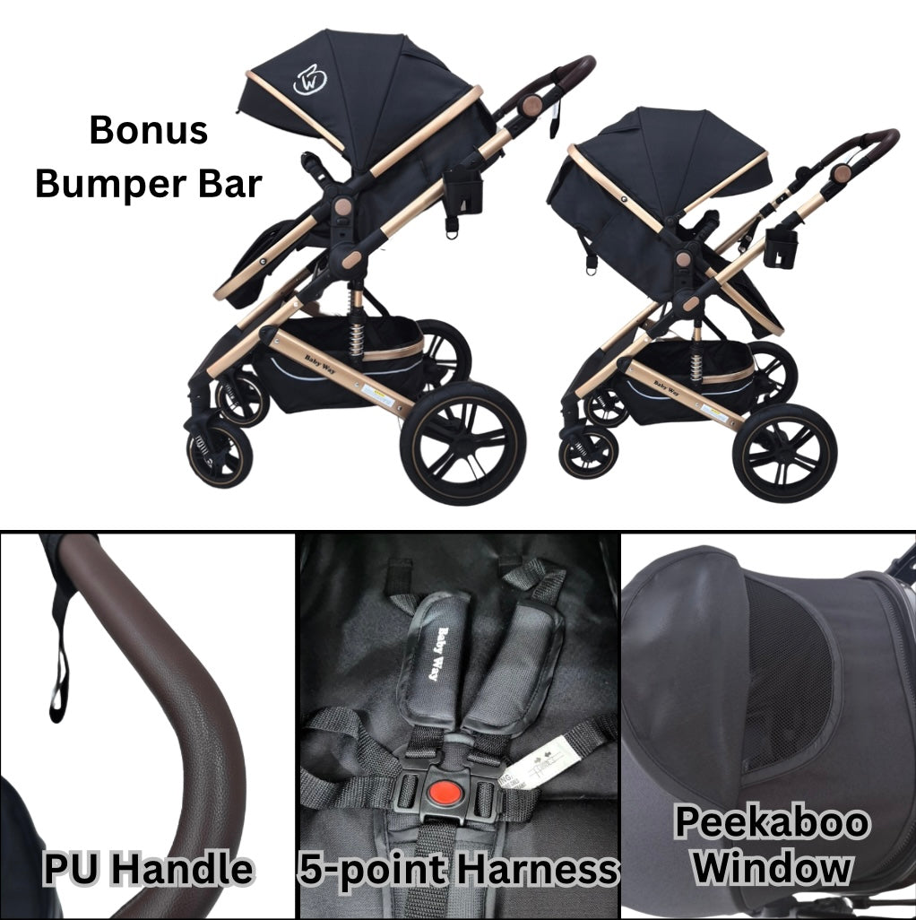 Preorder - Supra 3-in-1 Travel System – Stroller + Bassinet + Capsule Car Seat and Mattress - Black Gold + Colour Options