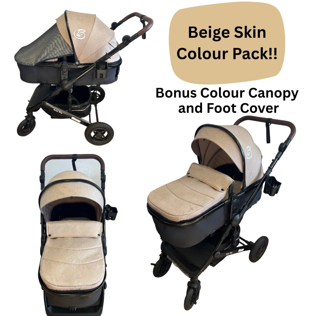 Preorder - Evolve - 3 in 1 Stroller + Bassinet + i-Size Capsule Travel System with Mattress, Food Tray + Beige Skin