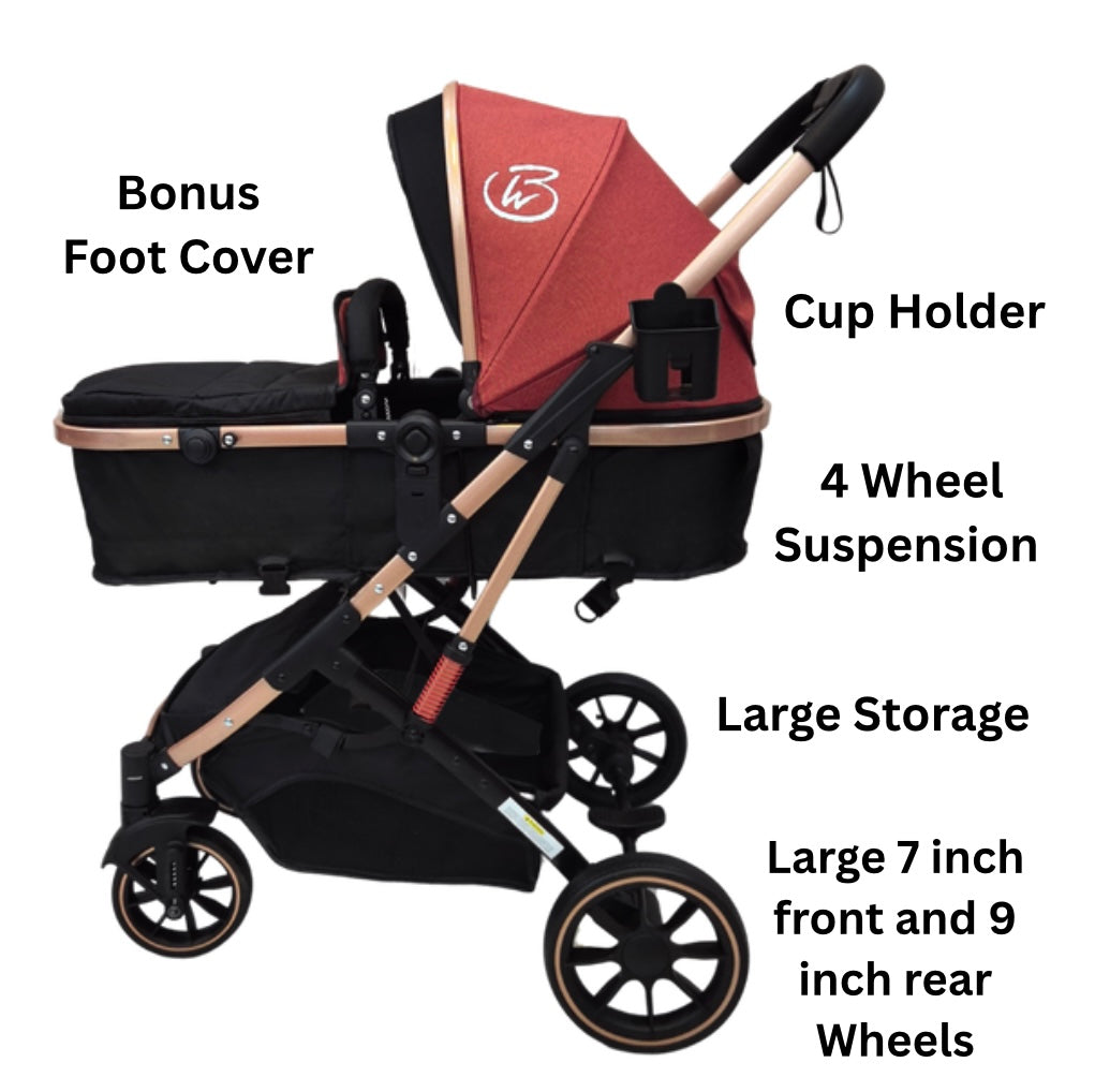 Gold Series 3-in-1 Travel System – Stroller + Bassinet + Capsule and Food Tray - Red/Gold