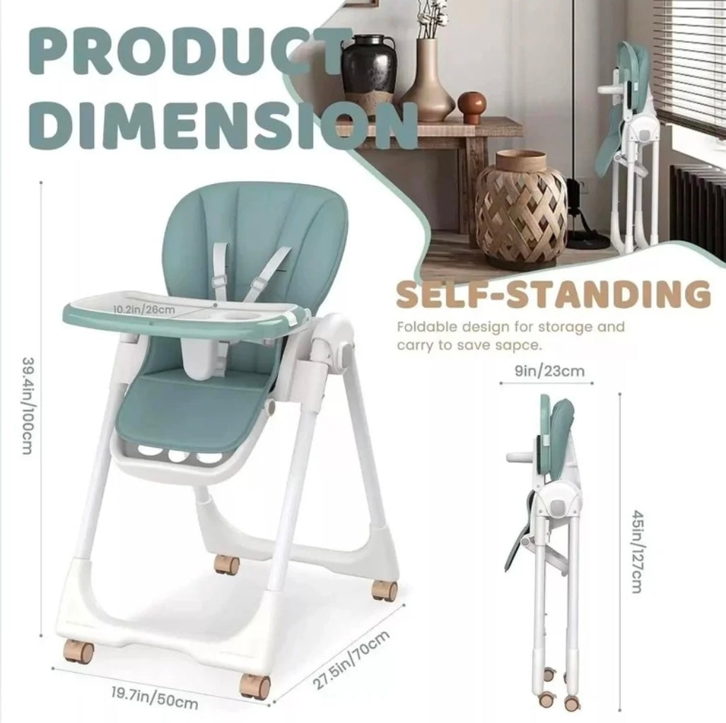 Elevate Adjustable and Folding High Chair with Locking Wheels & Storage Basket - BEIGE
