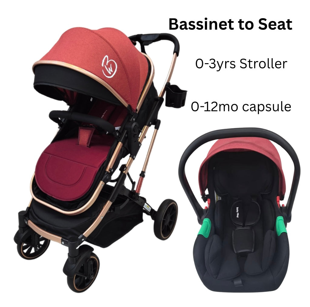 Gold Series 3-in-1 Travel System – Stroller + Bassinet + Capsule and Food Tray - Red/Gold