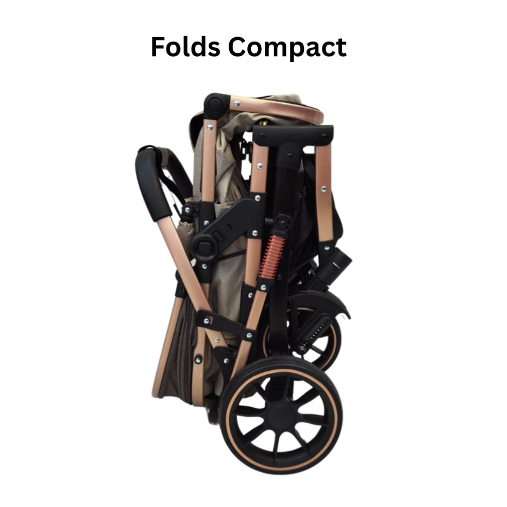 Gold Series 3 in 1 Travel System - Stroller + Bassinet + Capsule with Food Tray - Beige/Gold