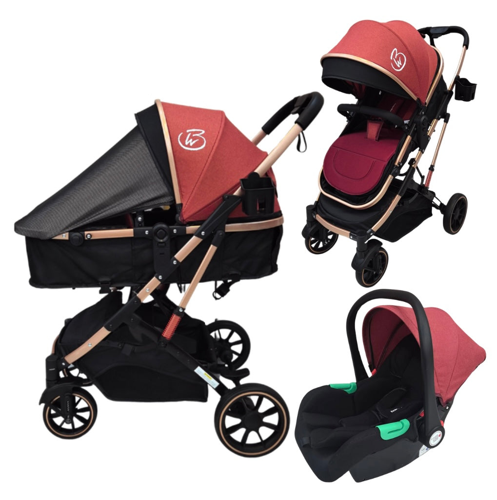 Gold Series 3-in-1 Travel System – Stroller + Bassinet + Capsule and Food Tray - Red/Gold