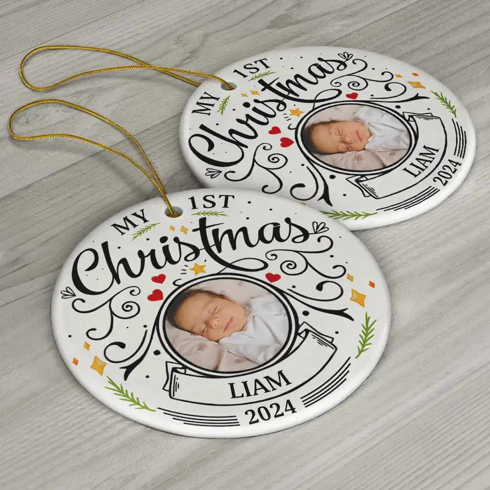 Custom Photo Baby First Christmas Parents - Personalized Circle Ceramic Ornament