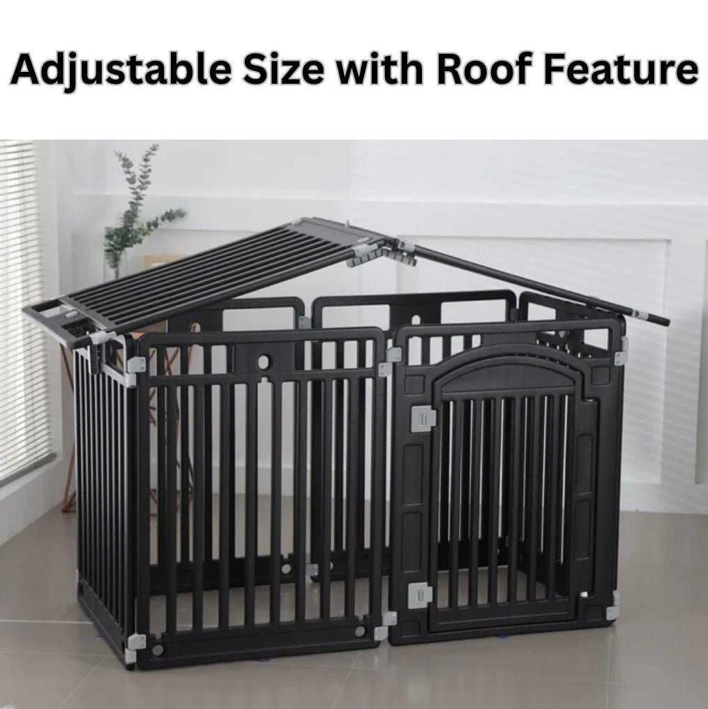 2 in 1 Pet House and
Adjustable Playpen with Roof Feature and Locking Door – BLACK